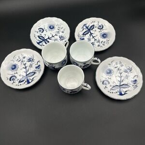 House of Prill Blue Onion Porcelain Japan 3 Cups 4 Saucers Set Vintage